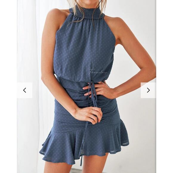 Two Sisters The Label Pip Mini Dress US 6 Ruched Ruffle Blue Polka Dot Cocktail - Picture 6 of 16